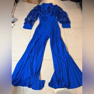 CHICME Royal Blue Pleated Jumpsuit Floral Sleeve Bow Wide Leg